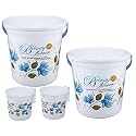 Hevea Plastic Bathroom Bucket 20 Liters & Mug1L with New Flower Printed Set of 2 (Blue)
