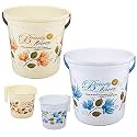 Hevea Plastic Bathroom Bucket 20 Liters & Mug1L with New Flower Printed Set of 2 (Blue and Brown)