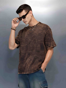 HEXACRAFT Washed Men Round Neck Brown T-Shirt