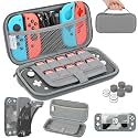 HEYSTOP Compatible with Switch Lite Carrying Case, Switch Lite Case with Soft TPU Protective Case Games Card 6 Thumb Grip Caps for Nintendo Switch Lite Accessories Kit(Grey)