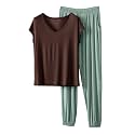 HGps8w Women's Modal Soft Summer Pajamas Sets, Loose V Neck Short Sleeve Top Joggers Pants Matching 2 Piece Lounge Outfits