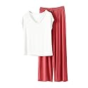 HGps8w Women's Short Sleeve Summer Pajamas Sets, Loose V Neck Top Matching Wide Leg Pants Soft Modal 2 Piece Lounge Outfits