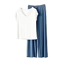 HGps8w Women's Short Sleeve Summer Pajamas Sets, Loose V Neck Top Matching Wide Leg Pants Soft Modal 2 Piece Lounge Outfits