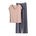 HGps8w Women's Short Sleeve Summer Pajamas Sets, Loose V Neck Top Matching Wide Leg Pants Soft Modal 2 Piece Lounge Outfits