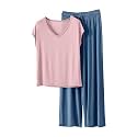 HGps8w Women's Short Sleeve Summer Pajamas Sets, Loose V Neck Top Matching Wide Leg Pants Soft Modal 2 Piece Lounge Outfits