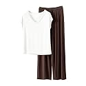 HGps8w Women's Short Sleeve Summer Pajamas Sets, Loose V Neck Top Matching Wide Leg Pants Soft Modal 2 Piece Lounge Outfits