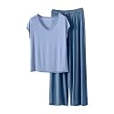 HGps8w Women's Short Sleeve Summer Pajamas Sets, Loose V Neck Top Matching Wide Leg Pants Soft Modal 2 Piece Lounge Outfits
