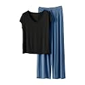 HGps8w Women's Short Sleeve Summer Pajamas Sets, Loose V Neck Top Matching Wide Leg Pants Soft Modal 2 Piece Lounge Outfits
