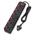 HI-Quality 6 Socket Computer Spike Extension Board with Individual ON/Off Switches, Fuse Protected Multi Plug Power Strip, 6 Amp 240V AC, Black