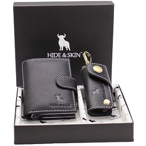 hide amp skin genuine leather rfid men39s and women39s card holder and key chain combo jet black