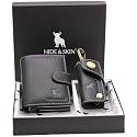 HIDE &amp; SKIN Genuine Leather RFID Men's and Women's Card Holder and Key Chain Combo (Jet Black)