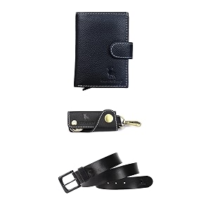 hide amp skin jet black combo genuine leather unisex rfid card holder and key chain belt combo