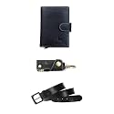 HIDE &amp; SKIN Jet Black Combo Genuine Leather Unisex RFID Card Holder and Key Chain Belt Combo