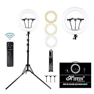 hiffin 18 inch professional led ring light with remote and 55 feet stand 3 mobile holder  for youtube  photo-shoot  video shoot  live stream  makeup amp vlogging  compatible with mobile phone