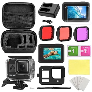 hiffin accessories kit for gopro hero 9 black waterproof housing case  3 lens filters  waterproof carrying case  silicone case  tempered glass bundle amp charger for gopro hero 9 avs11