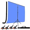 HIFFIN Black|White|Blue Screen Backdrop 6x10 ft with Stand -6x9FT Photography Backdrop with 1PC 6.5FT T (T Shape KIT Curtain 3, T KIT Clip-4 C3 Black|White|Blue)