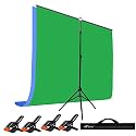 HIFFIN Blue|Green Screen Backdrop 6x10 ft with Stand -6x9FT Photography Backdrop with 1PC 6.5FT T-Shape Backdrop Stands, 4PCs Spring Clamps, 1PCs (T Shape KIT Curtain 2, T KIT Clip-4 C2 Green|Blue)