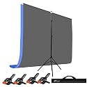 HIFFIN Blue|Grey Screen Backdrop 6x10 ft with Stand -6x9FT Photography Backdrop with 1PC 6.5FT T-Shape Backdrop Stands, 4PCs Spring Clamps, 1PCs (T Shape KIT Curtain 2, T KIT Clip-4 C2 Gray|Blue)
