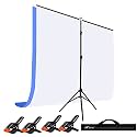HIFFIN Blue|White Screen Backdrop 6x10 ft with Stand -6x9FT Photography Backdrop with 1PC 6.5FT T-Shape Backdrop Stands, 4PCs Spring Clamps, 1PCs (T Shape KIT Curtain 2, T KIT Clip-4 C2 White|Blue)