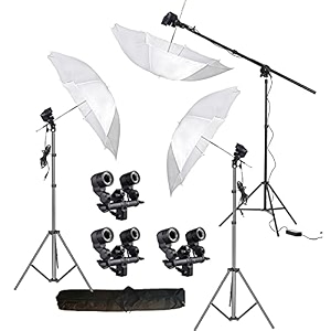 hiffin e27 3 point studio double holder kit umbrella white  studio light stand 9 ft kit mark iii wob  3 double holder  3 light stand 9ft  3 umbrella  1 boom