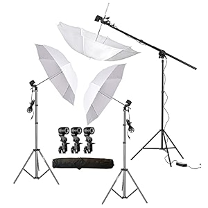 hiffin 3 point studio single holder kit  3 light stand 9ft  3 umbrella white  3 single holder  3 light stand 9ft  3 umbrella  boom stand  bag for kit