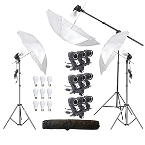hiffin e27 3 point studio triple holder kit umbrella white  studio light stand 9 ft bulb holder kit mark iii  3 triple holder  3 light stand 9ft  3 umbrella  9 20 w led bulb  1 boom  1 bag