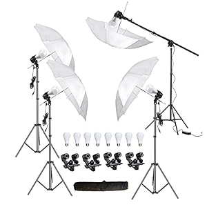hiffin e27 4 point studio double holder kit with umbrella white 9 ft light stand bulb holder kit mark iiii 4 light stands 4 umbrellas 8 20w led bulbs 1 boom