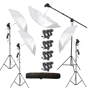 hiffin e27 4 point studio holder kit umbrella white  studio light stand 9 ft holder kit mark iiii  4 triple holders  4 light stands 9ft  4 umbrellas  1 boom stand  1 bag