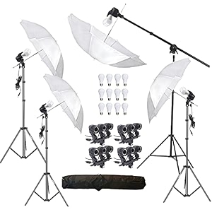 hiffin e27 4 point studio holder kit umbrella white  studio light stand 9 ft bulb holder kit mark iiii  4 triple holder  4 light stand 9ft  4 umbrella  12 x 20 w led bulb  1 boom  1 bag