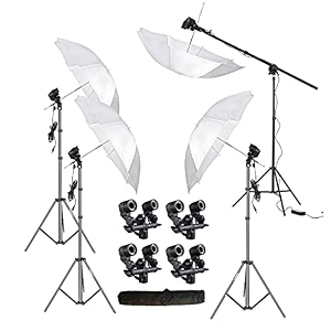 hiffin e27 iv point studio double holder kit umbrella white  studio light stand 9 ft bulb holder kit mark iv  4 double holder  4 light stand 9ft  4 umbrella 1 boom