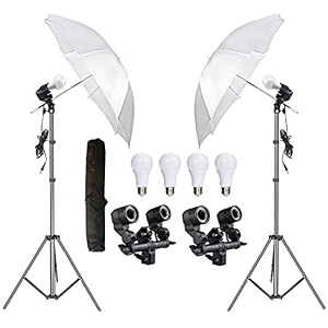hiffin e27 studio double holder kit - umbrella  light stand 9ft set of 2 2 double holder 2 light stand 2 umbrella 4 20w led bulb