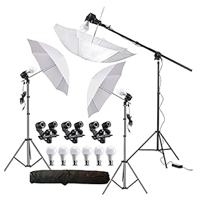 hiffin e27 3 point studio double holder kit umbrella white  studio light stand 9 ft bulb holder kit mark iii  3 double  3 light stand 9ft  3 umbrella  6 20 w led bulb  1 boom