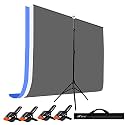 HIFFIN Gray|White|Blue Screen Backdrop 6x10 ft with Stand -6x9FT Photography Backdrop with 1PC 6.5FT T (T Shape KIT Curtain 3, T KIT Clip-4 C3 GrayWhite|Blue)