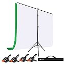 HIFFIN Green|White Screen Backdrop 6x10 ft with Stand -6x9FT Photography Backdrop with 1PC 6.5FT T-Shape Backdrop Stands, 4PCs Spring Clamps, 1PCs (T Shape KIT Curtain 2, T KIT Clip-4 C2 Green|White)