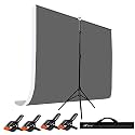 HIFFIN Grey|White Screen Backdrop 6x10 ft with Stand -6x9FT Photography Backdrop with 1PC 6.5FT T-Shape Backdrop Stands, 4PCs Spring Clamps, 1PCs (T Shape KIT Curtain 2, T KIT Clip-4 C2 Gray|White)
