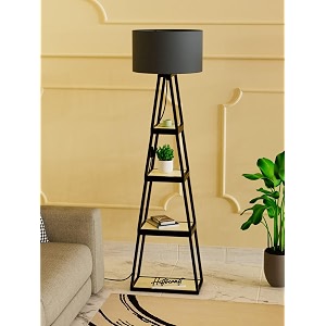 modern floor lamp with 4 wooden shelves iron frame led bulb included - stylish standing lamp for living room bedroom office amp home dcor black design 3