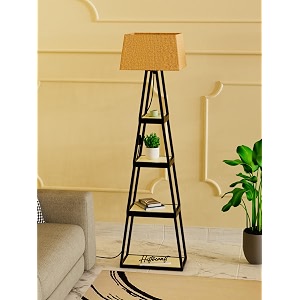 modern floor lamp with 4 wooden shelves iron frame led bulb included - stylish standing lamp for living room bedroom office amp home dcor black design 12