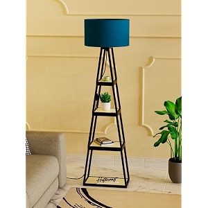 modern floor lamp with 4 wooden shelves iron frame led bulb included - stylish standing lamp for living room bedroom office amp home dcor black design 14