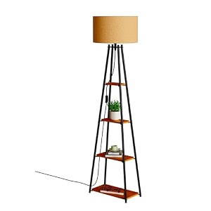 modern floor lamp with 4 wooden shelves iron frame led bulb included - stylish standing lamp for living room bedroom office amp home dcor black design 8