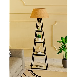 modern floor lamp with 4 wooden shelves iron frame led bulb included - stylish standing lamp for living room bedroom office amp home dcor black design 2
