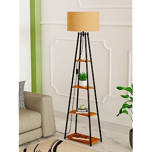 modern floor lamp with 4 wooden shelves iron frame led bulb included - stylish standing lamp for living room bedroom office amp home dcor black design 1