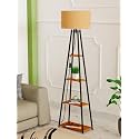Modern Floor Lamp with 4 Wooden Shelves, Iron Frame, LED Bulb Included - Stylish Standing Lamp for Living Room, Bedroom, Office & Home Décor (Black) (Design 1)
