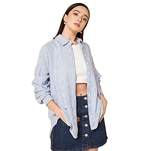 High Star Women Oversized Striped Cotton Casual