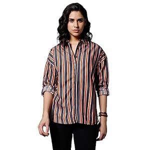High Star Women Oversized Striped Cotton Casual