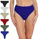 High Waisted Thongs for Women Ribbed Cotton Thong Underwear 6-Pack