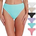 High Waisted Thongs for Women Ribbed Cotton Thong Underwear 6-Pack