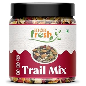 highfresh healthy trail mix - 250gm - almonds  cashew  raisins  black raisins  pumpkin  sunflower  roasted flax seeds  healthy snack  nuts and dry fruits jar pack