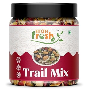 highfresh healthy trail mix - 500gm - almonds  cashew  raisins  black raisins  pumpkin  sunflower  roasted flax seeds  healthy snack  nuts and dry fruits jar pack