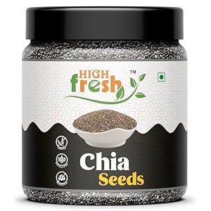 highfresh raw chia seeds - 250gm  jar pack  seeds for eating  diet snacks  seeds for weight loss  high protein seeds  rich in fibre and calcuim  omega-3 seeds  antioxidant  healthy snack
