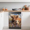 Highland Cow Dishwasher Covers for The Front Magnetic,Colorful Wildflowers Refrigerator Magnets Decoration,Reusable Dishwasher Cover Panel for Home Kitchen Decor 23x26 Inch